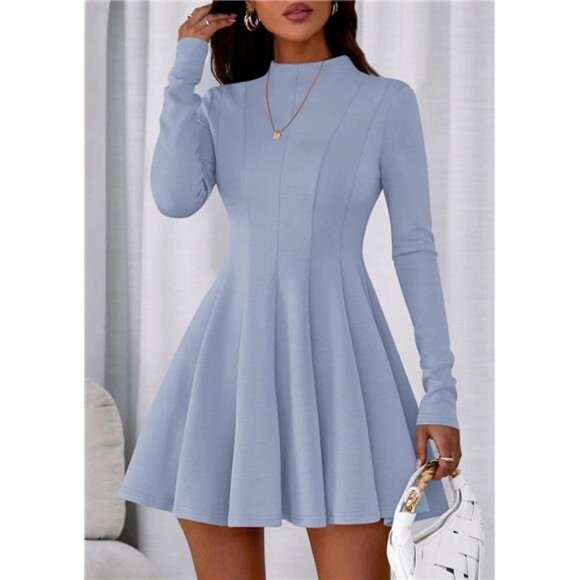 Women Elegant Swing A Line Ruffle Dress Blue - Picture 5 of 6